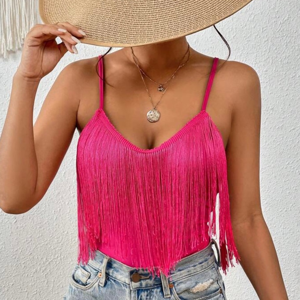 Hot pink fringe body suit